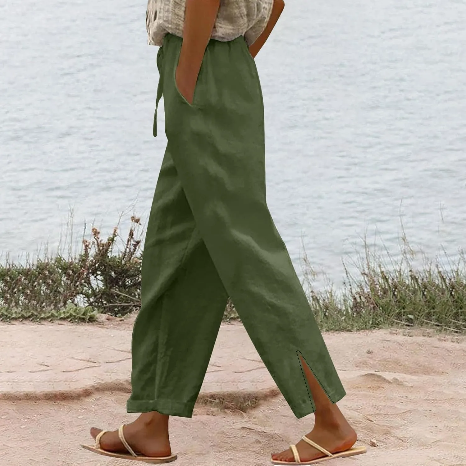 Summer Pants for Women 2025 Vacation Casual Loose High Elastic Waist Lightweight Beach Travel Cotton Linen Pants