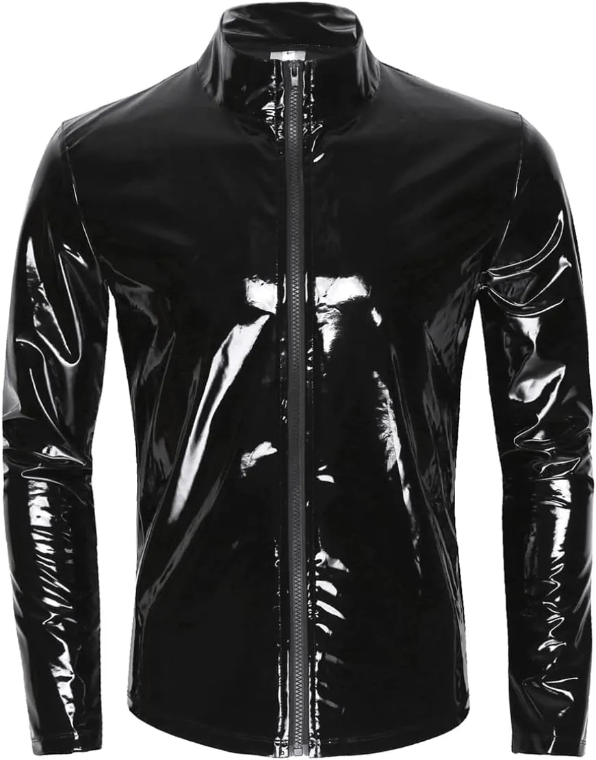 Sywiyi Men's Shiny Metallic Long Sleeve Zip Up Tops PVC Leather T-Shirts Liquid Latex Motorcycle Jacket