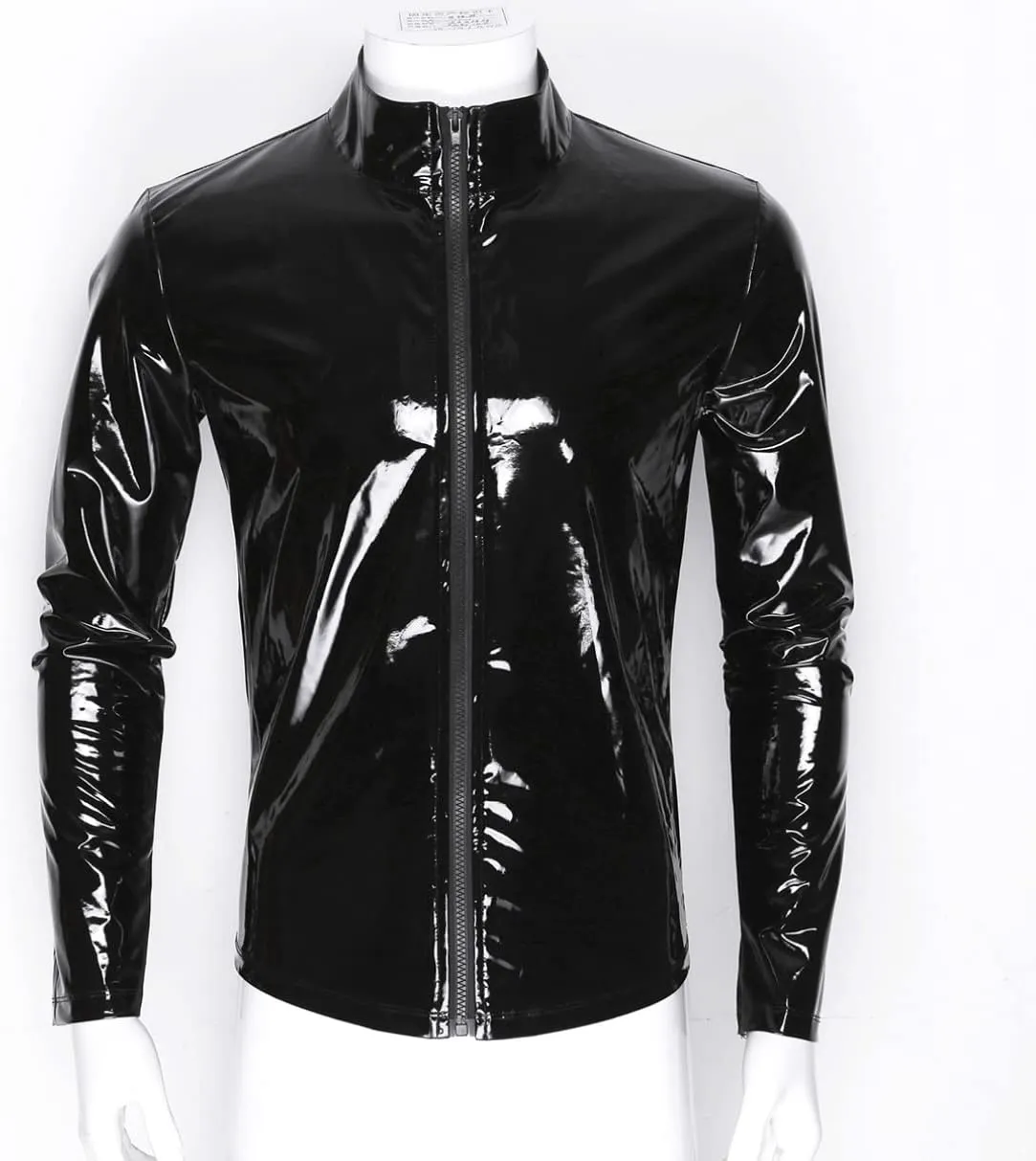 Sywiyi Men's Shiny Metallic Long Sleeve Zip Up Tops PVC Leather T-Shirts Liquid Latex Motorcycle Jacket