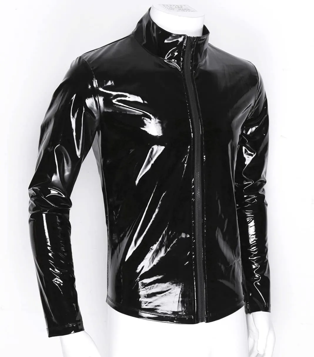 Sywiyi Men's Shiny Metallic Long Sleeve Zip Up Tops PVC Leather T-Shirts Liquid Latex Motorcycle Jacket
