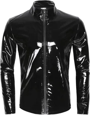 Sywiyi Men's Shiny Metallic Long Sleeve Zip Up Tops PVC Leather T-Shirts Liquid Latex Motorcycle Jacket