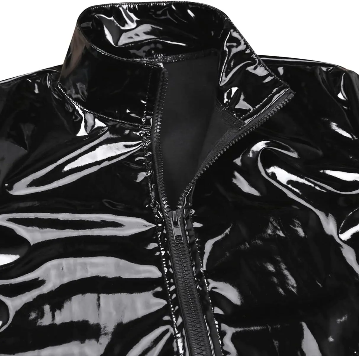 Sywiyi Men's Shiny Metallic Long Sleeve Zip Up Tops PVC Leather T-Shirts Liquid Latex Motorcycle Jacket
