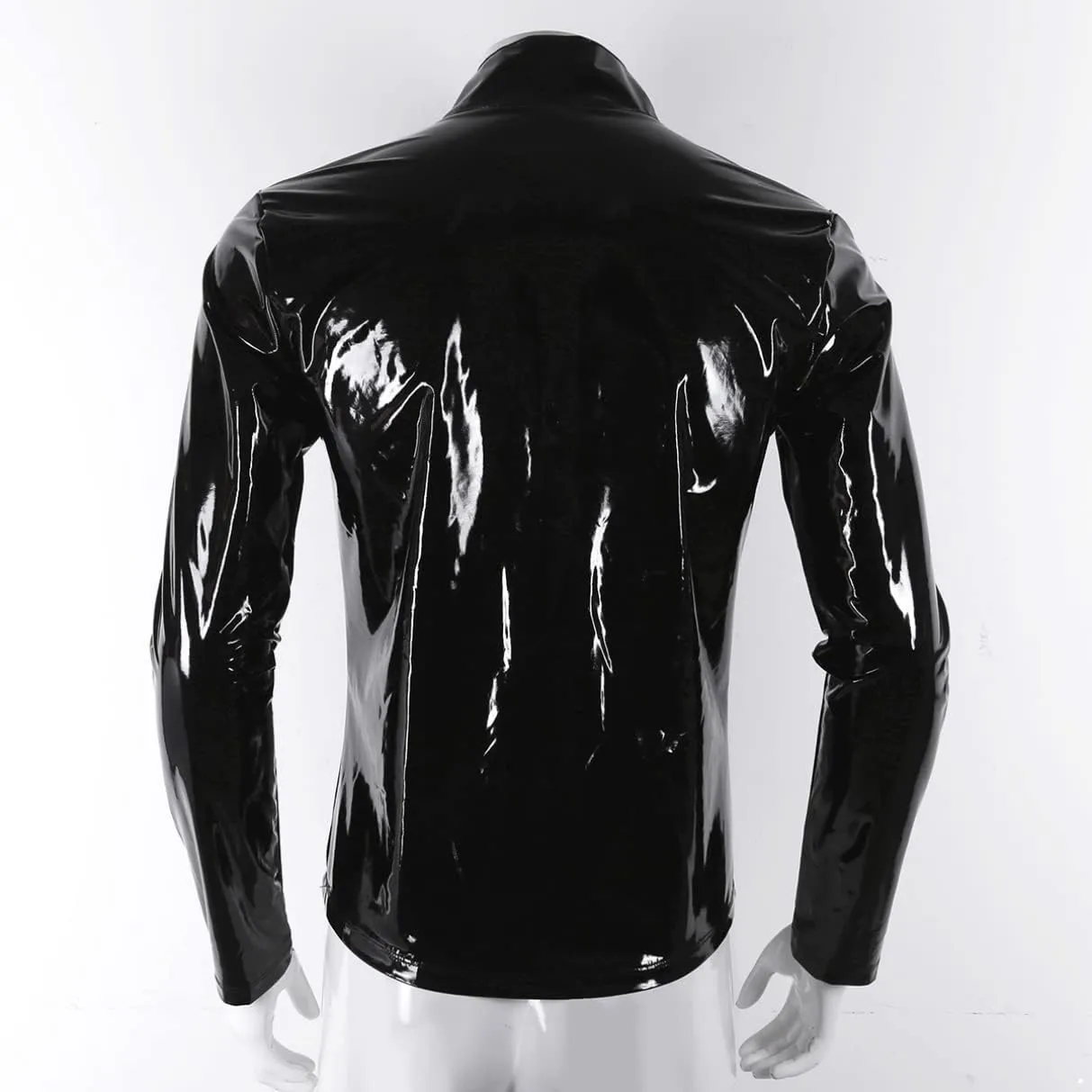 Sywiyi Men's Shiny Metallic Long Sleeve Zip Up Tops PVC Leather T-Shirts Liquid Latex Motorcycle Jacket