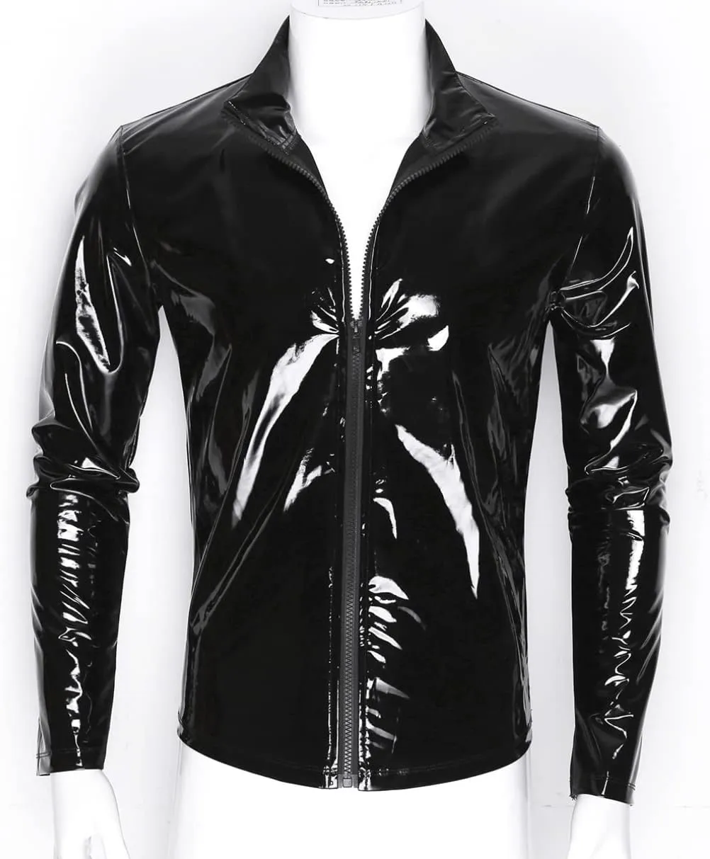 Sywiyi Men's Shiny Metallic Long Sleeve Zip Up Tops PVC Leather T-Shirts Liquid Latex Motorcycle Jacket