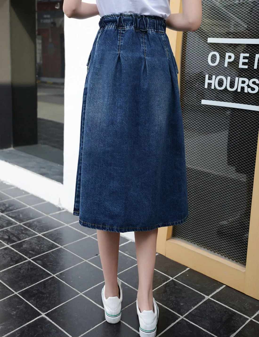 Tanming Long Denim Skirt for Women Casual High Elastic Waist Flared Blue Jean Midi Skirt