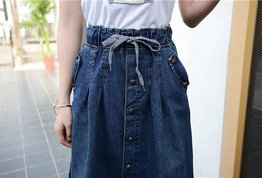 Tanming Long Denim Skirt for Women Casual High Elastic Waist Flared Blue Jean Midi Skirt