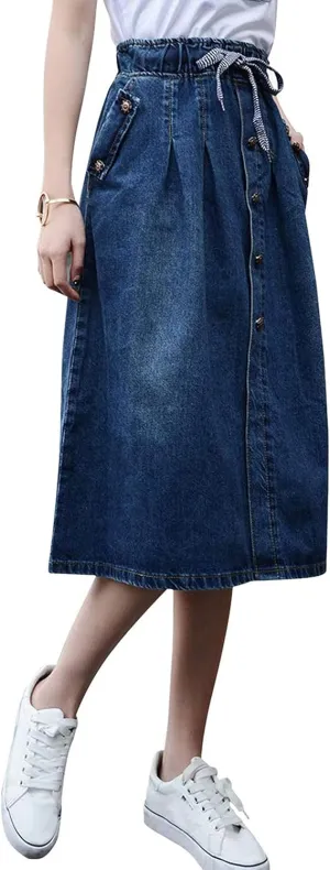 Tanming Long Denim Skirt for Women Casual High Elastic Waist Flared Blue Jean Midi Skirt