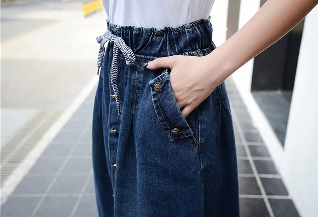 Tanming Long Denim Skirt for Women Casual High Elastic Waist Flared Blue Jean Midi Skirt