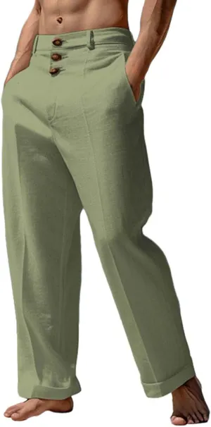 Tready Cruise Wear for Men Linen Cotton Straight Wide Leg Casual Trousers Summer Breathable Beach Yoga Pant with Pockets