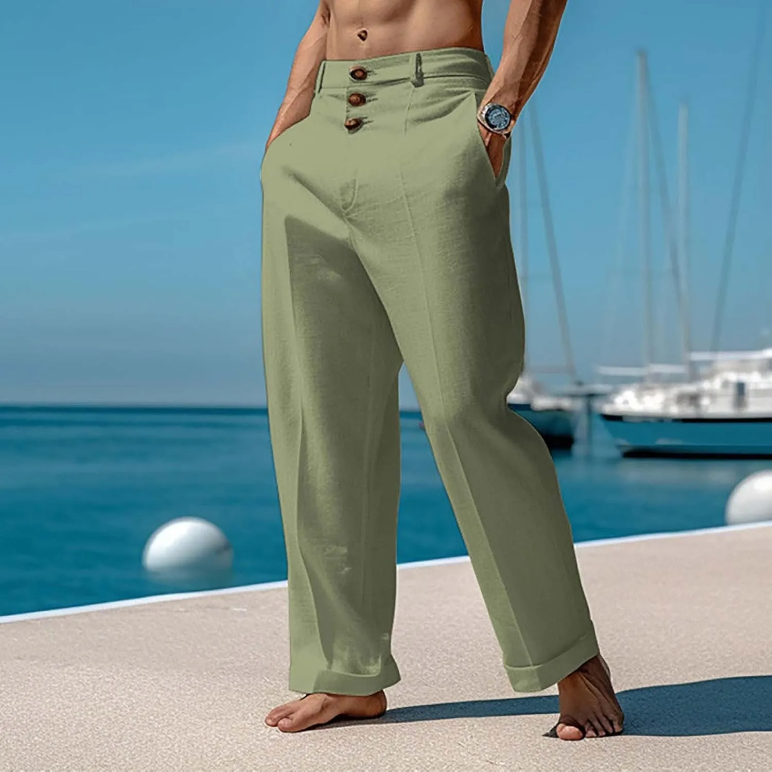 Tready Cruise Wear for Men Linen Cotton Straight Wide Leg Casual Trousers Summer Breathable Beach Yoga Pant with Pockets