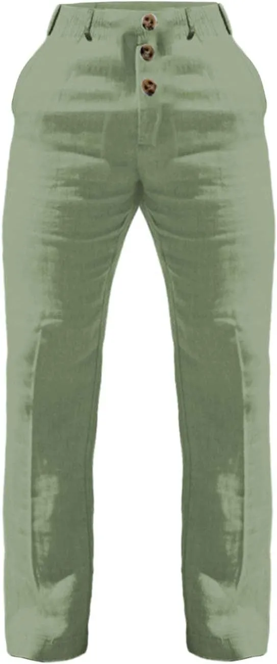 Tready Cruise Wear for Men Linen Cotton Straight Wide Leg Casual Trousers Summer Breathable Beach Yoga Pant with Pockets