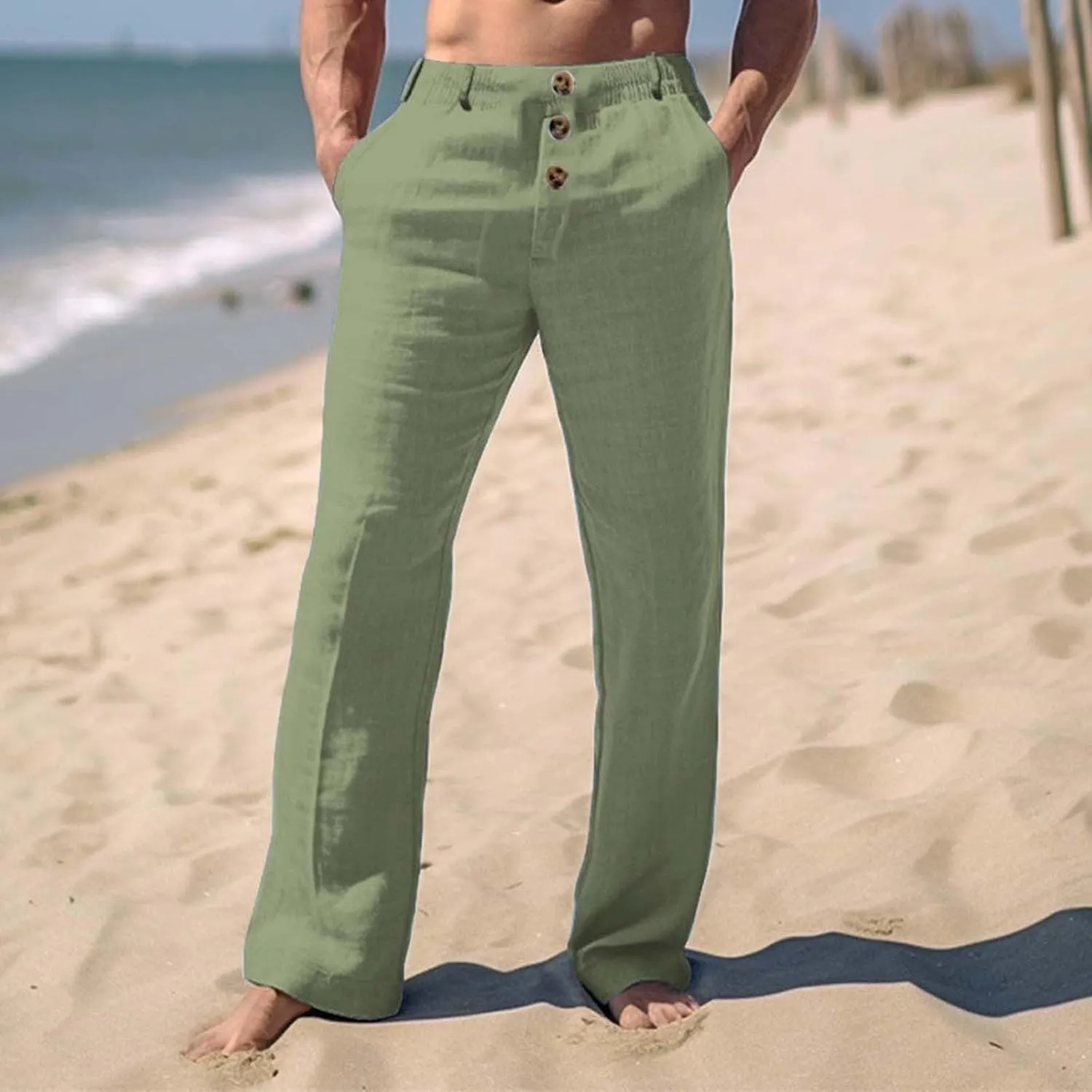 Tready Cruise Wear for Men Linen Cotton Straight Wide Leg Casual Trousers Summer Breathable Beach Yoga Pant with Pockets