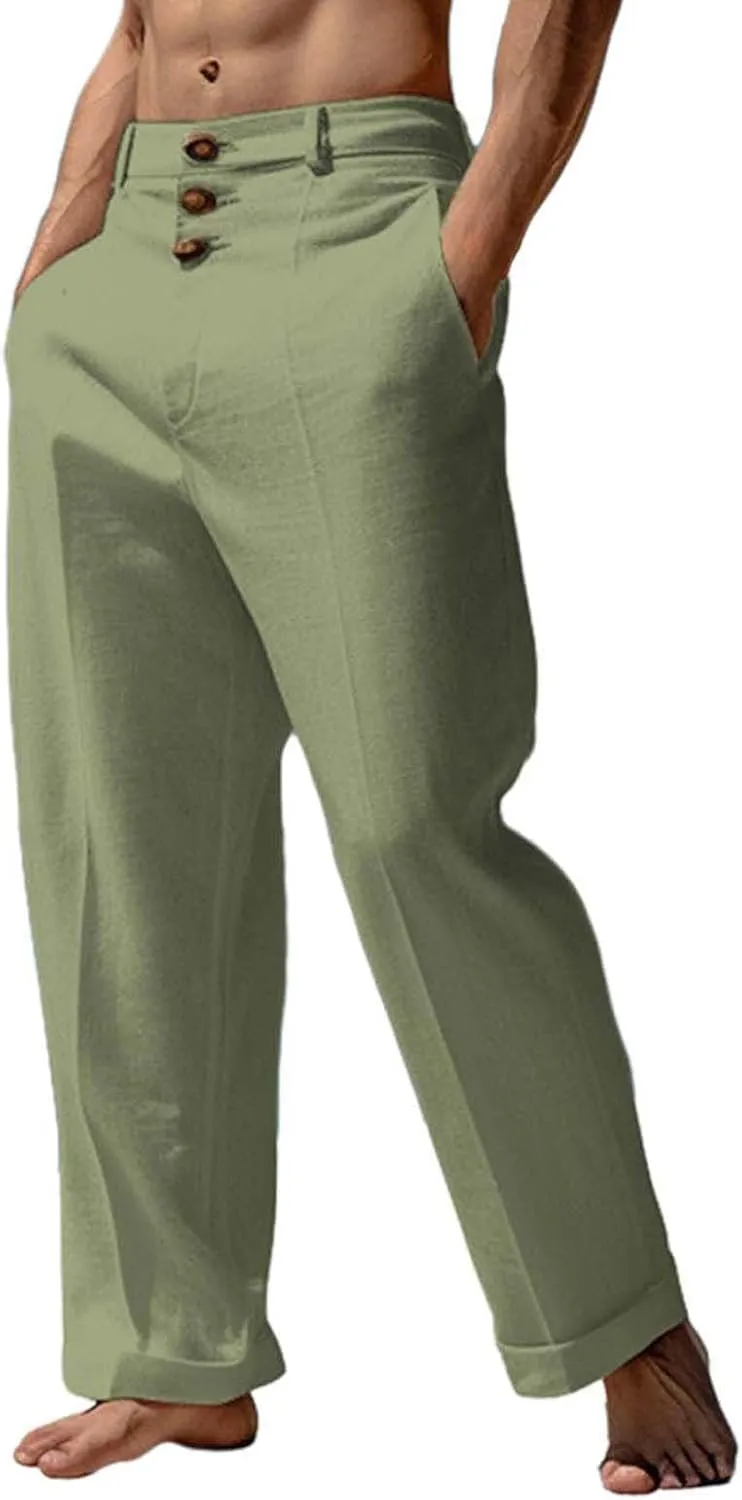 Tready Cruise Wear for Men Linen Cotton Straight Wide Leg Casual Trousers Summer Breathable Beach Yoga Pant with Pockets