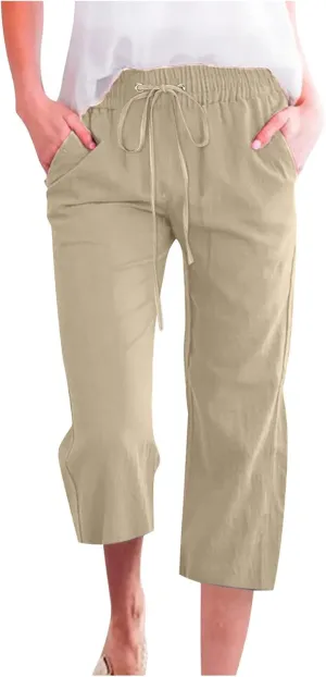 Trendy Capri Pants for Women 2024 Summer Drawstring Elastic High Waist Linen Pant Straight Wide Leg Cropped Trouser