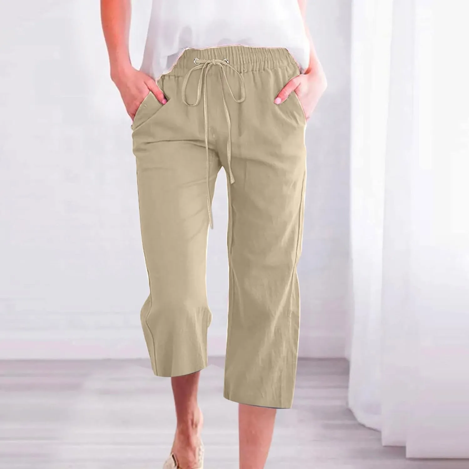 Trendy Capri Pants for Women 2024 Summer Drawstring Elastic High Waist Linen Pant Straight Wide Leg Cropped Trouser