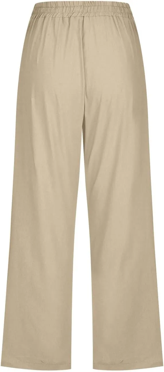 Trendy Capri Pants for Women 2024 Summer Drawstring Elastic High Waist Linen Pant Straight Wide Leg Cropped Trouser