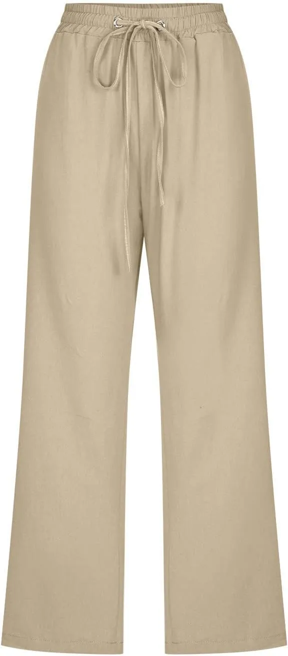 Trendy Capri Pants for Women 2024 Summer Drawstring Elastic High Waist Linen Pant Straight Wide Leg Cropped Trouser