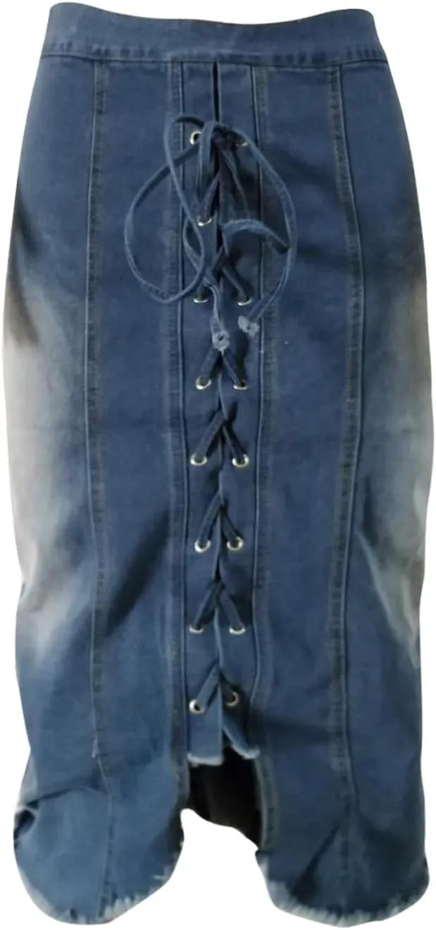 Trendy Tie Up Denim Skirt for Women Split High Waist Stretch Jean Midi Skirt Casual Slim Fit Long Pencil Skirt