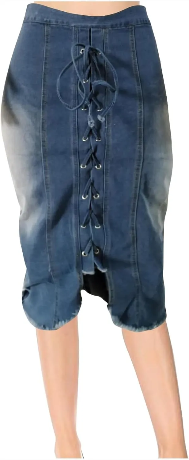 Trendy Tie Up Denim Skirt for Women Split High Waist Stretch Jean Midi Skirt Casual Slim Fit Long Pencil Skirt