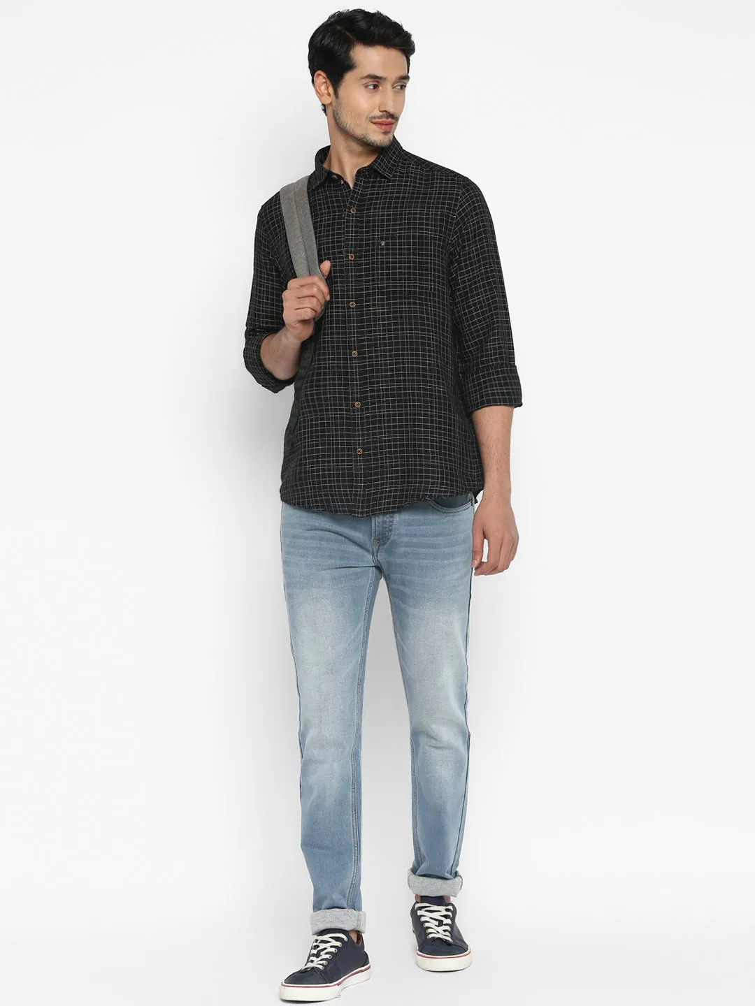 Turtle Men Cotton Linen Black Slim Fit Checkered Shirts