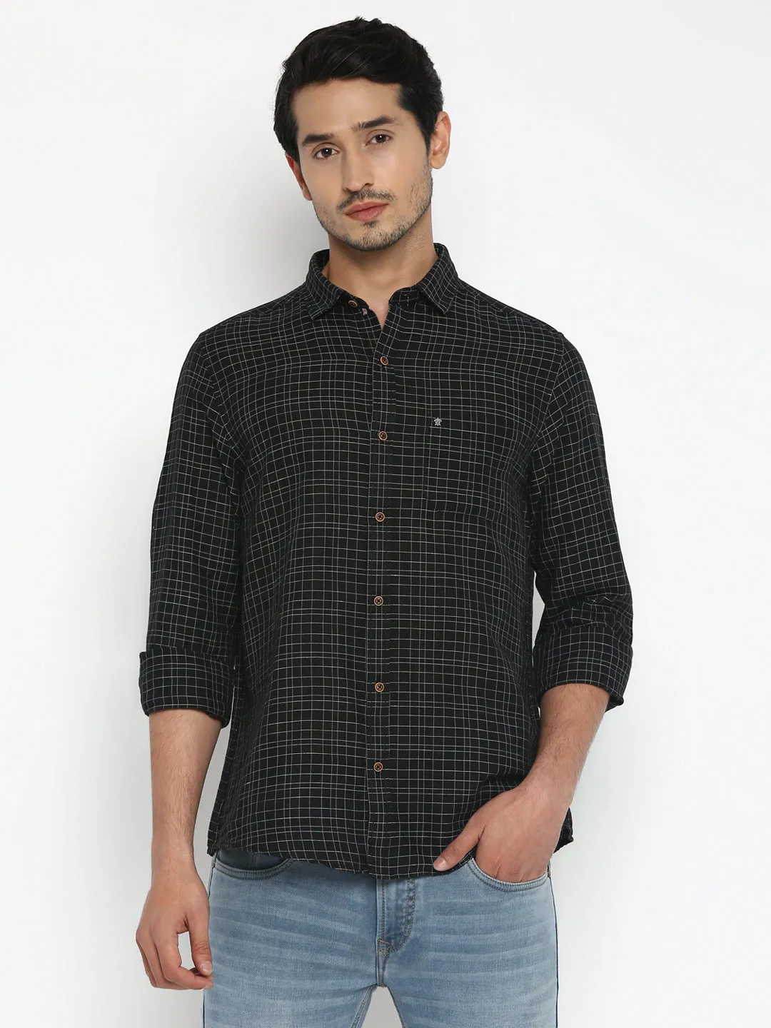 Turtle Men Cotton Linen Black Slim Fit Checkered Shirts