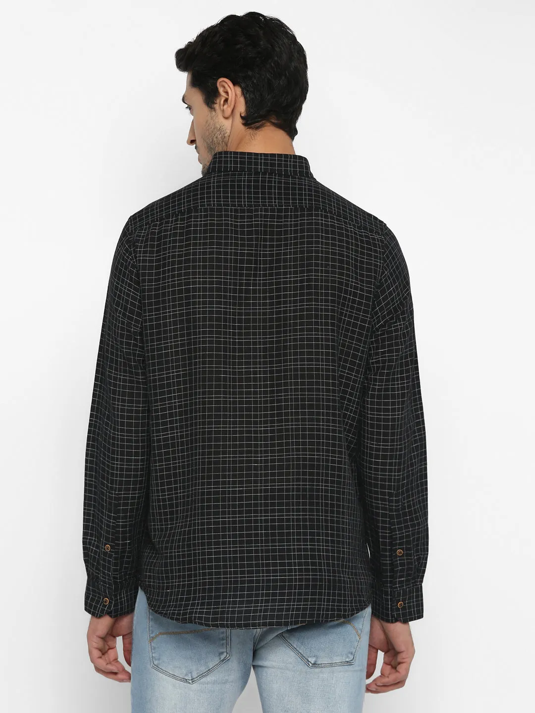 Turtle Men Cotton Linen Black Slim Fit Checkered Shirts