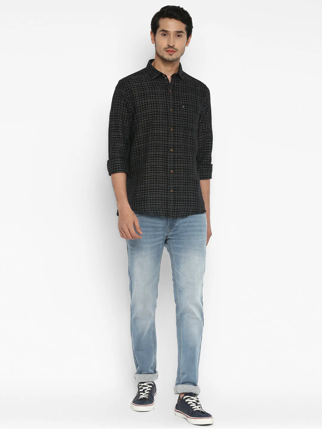 Turtle Men Cotton Linen Black Slim Fit Checkered Shirts