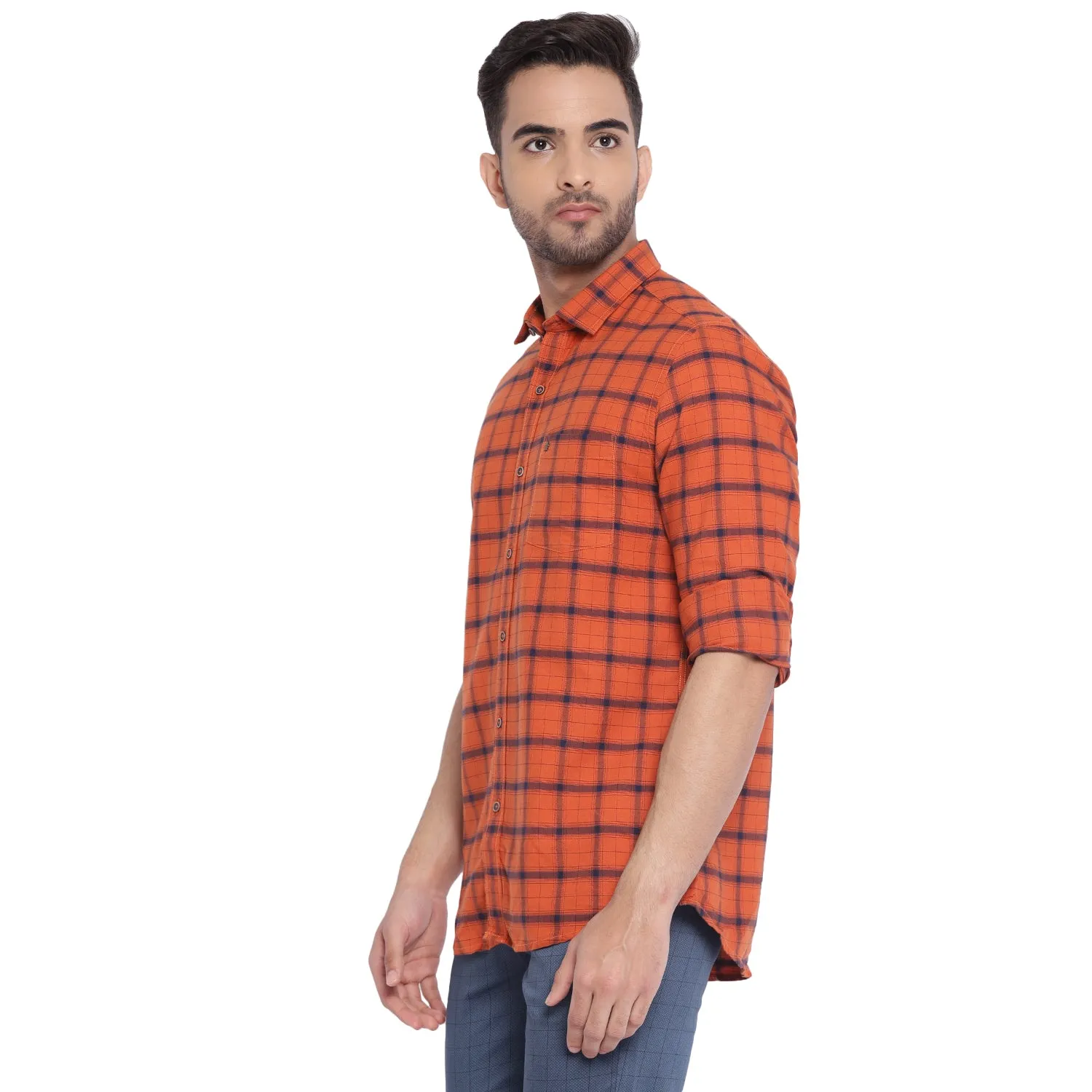 Turtle Men Orange Cotton Checked Slim Fit Shirts