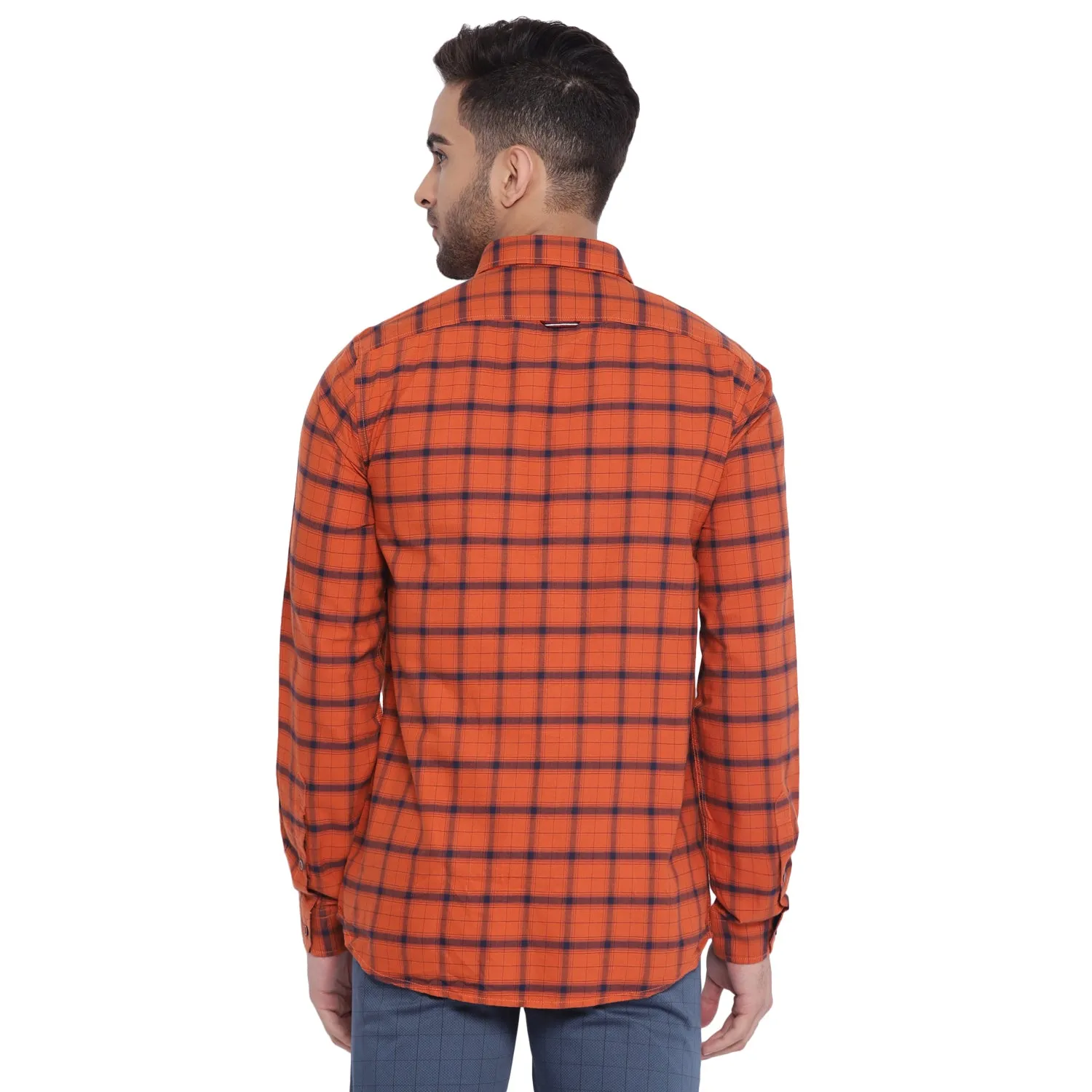 Turtle Men Orange Cotton Checked Slim Fit Shirts