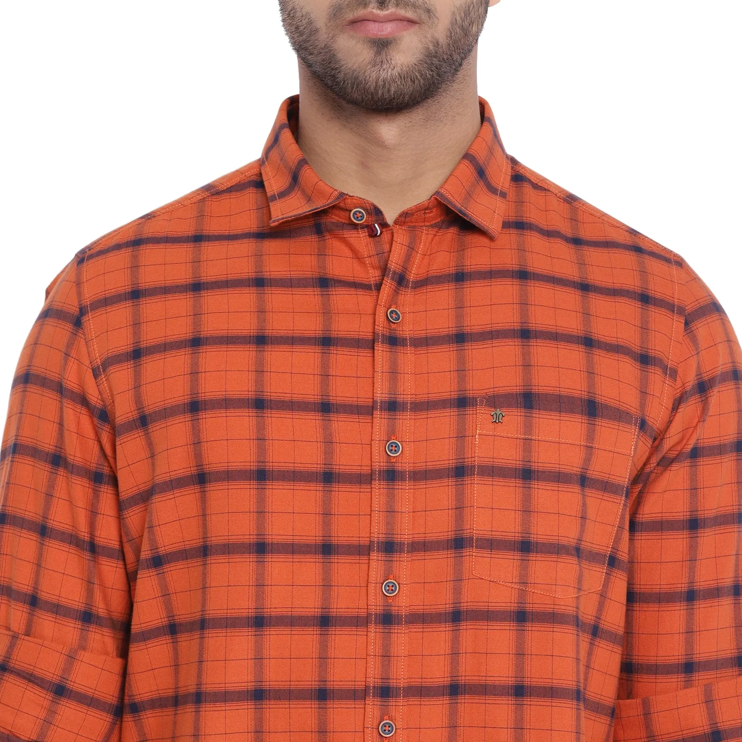 Turtle Men Orange Cotton Checked Slim Fit Shirts