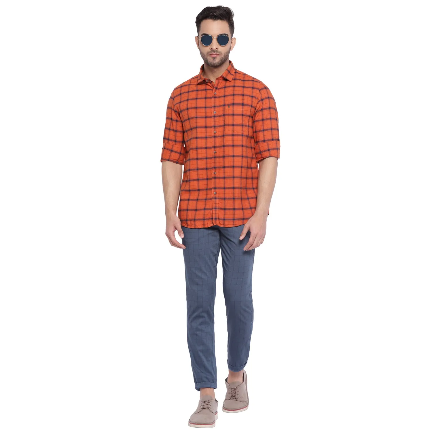 Turtle Men Orange Cotton Checked Slim Fit Shirts