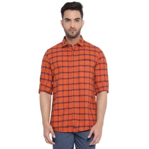 Turtle Men Orange Cotton Checked Slim Fit Shirts