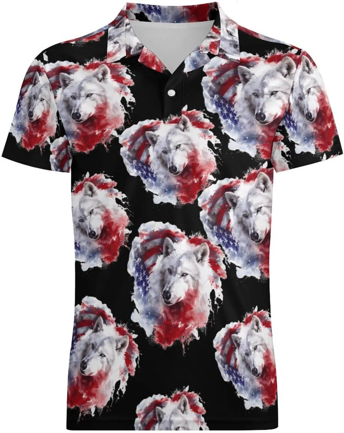 U.S. Wolf Flag Men's Polo Shirt Short Sleeve Casual Athletic Quick Dry Golf T-Shirts