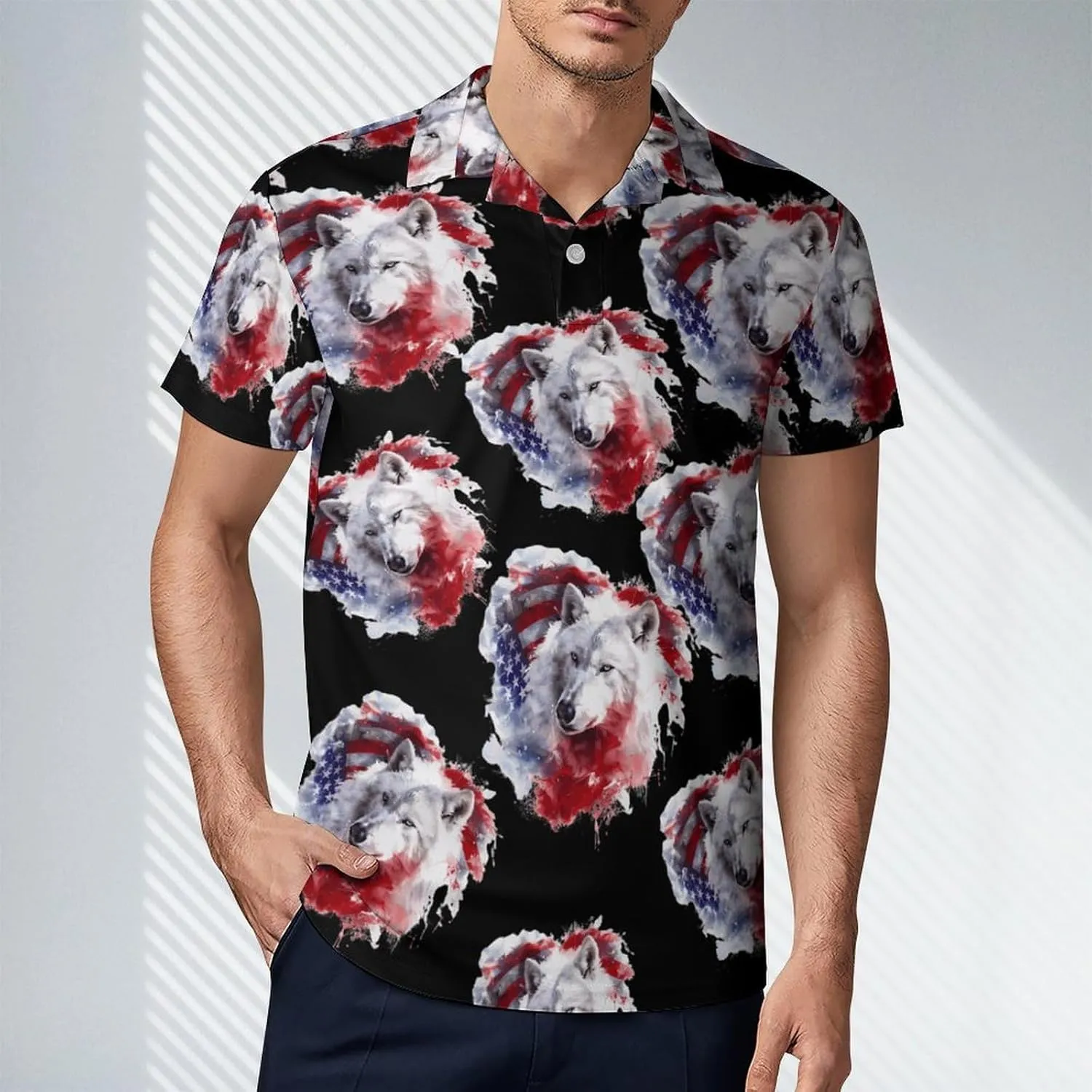 U.S. Wolf Flag Men's Polo Shirt Short Sleeve Casual Athletic Quick Dry Golf T-Shirts