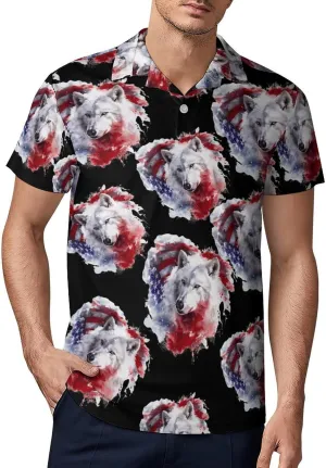 U.S. Wolf Flag Men's Polo Shirt Short Sleeve Casual Athletic Quick Dry Golf T-Shirts