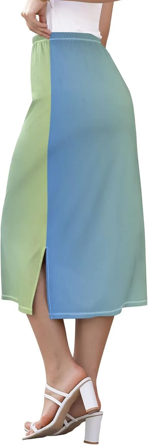 Violet Midi Skirt with Slit Womens Floral Mid Calf Skirt High Waist Stretch Print Skirt