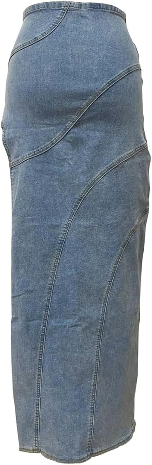Voghtic Long Denim Skirts for Women Sexy High Split Pencil Maxi Jean Skirt Casual Streetwear