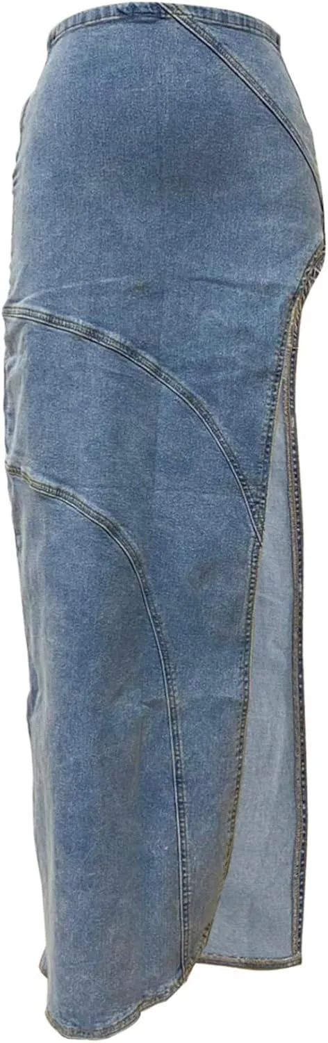 Voghtic Long Denim Skirts for Women Sexy High Split Pencil Maxi Jean Skirt Casual Streetwear