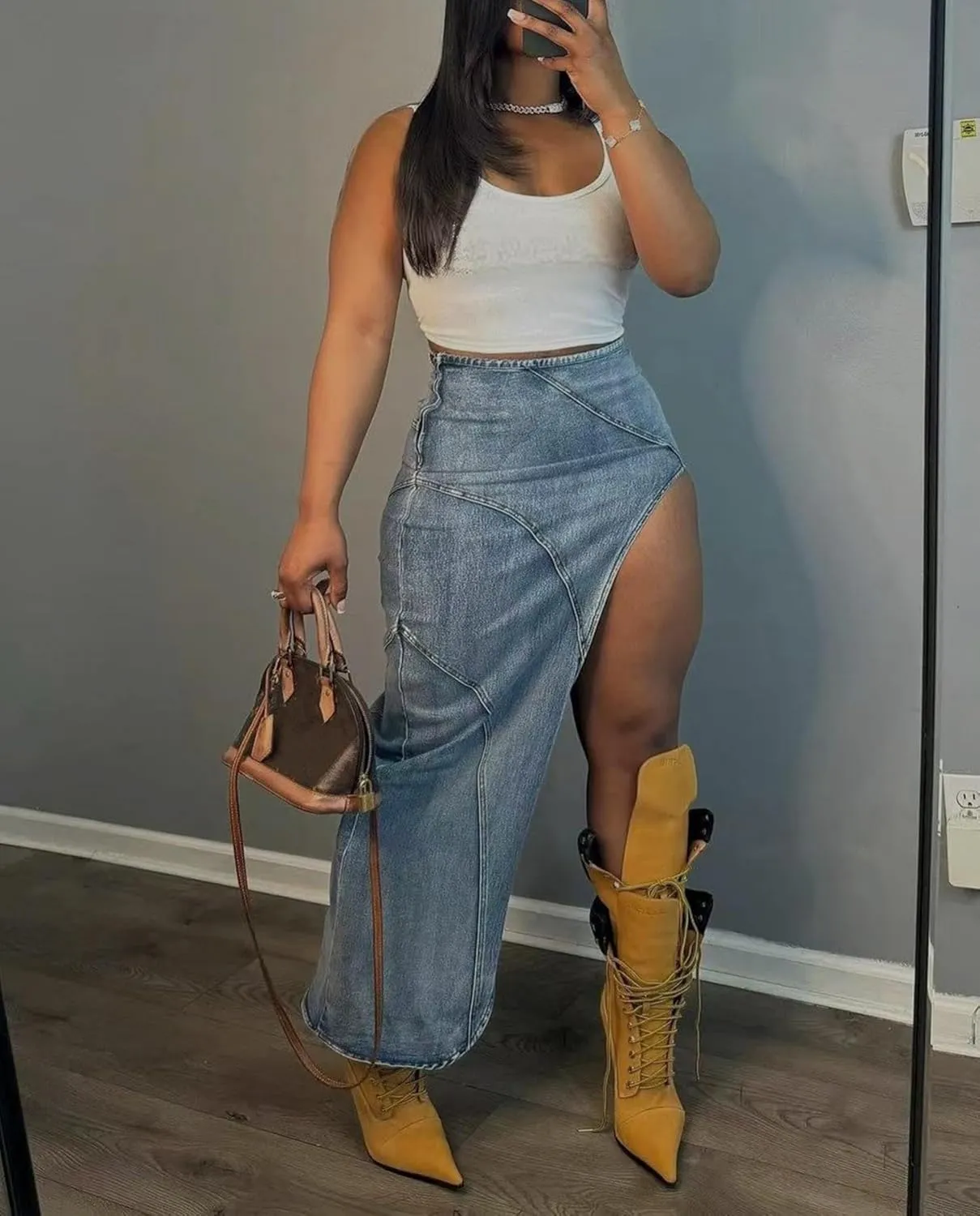 Voghtic Long Denim Skirts for Women Sexy High Split Pencil Maxi Jean Skirt Casual Streetwear