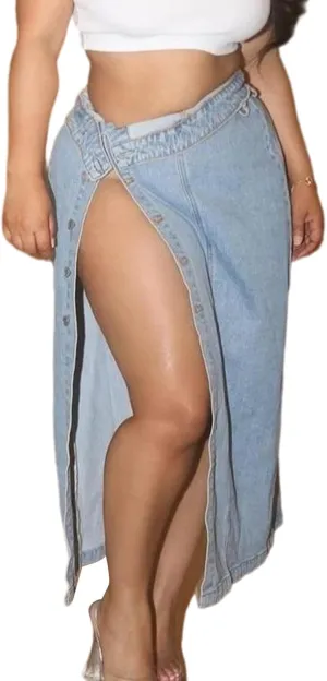Voghtic Long Denim Skirts for Women Sexy High Split Pencil Maxi Jean Skirt Casual Streetwear