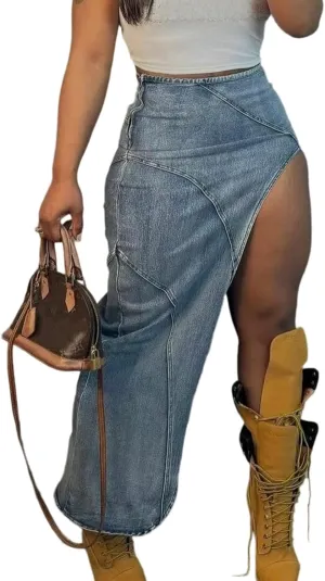 Voghtic Long Denim Skirts for Women Sexy High Split Pencil Maxi Jean Skirt Casual Streetwear