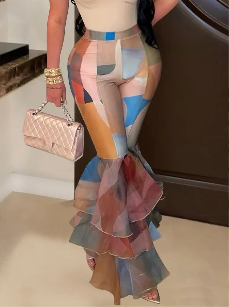 Voghtic Women's Ruffle Printed Bell-Bottom Elastic High Waist Skinny Patchwork Trousers Leggings Long Flare Pants