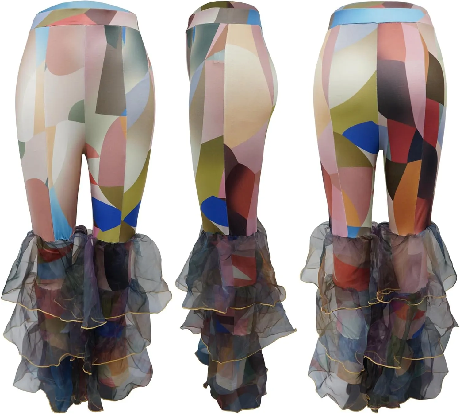 Voghtic Women's Ruffle Printed Bell-Bottom Elastic High Waist Skinny Patchwork Trousers Leggings Long Flare Pants