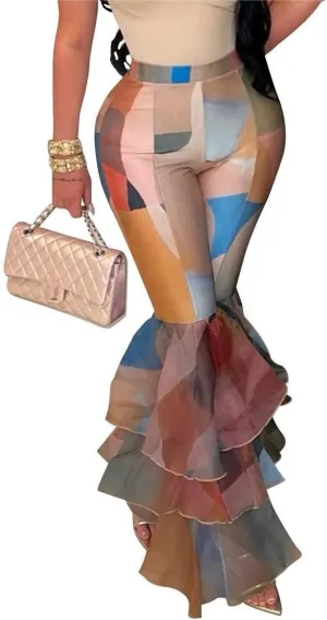 Voghtic Women's Ruffle Printed Bell-Bottom Elastic High Waist Skinny Patchwork Trousers Leggings Long Flare Pants