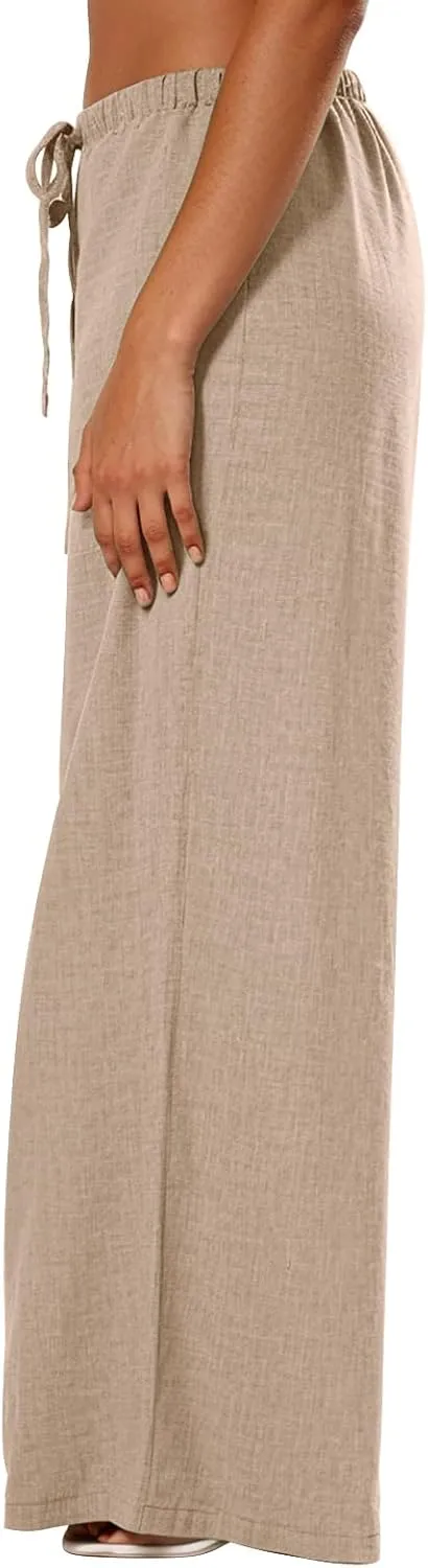 Wide Leg Linen Pants for Women Loose Drawstring High Waisted Palazzo Pants with Pockets Summer Causal Yoga Work Pants