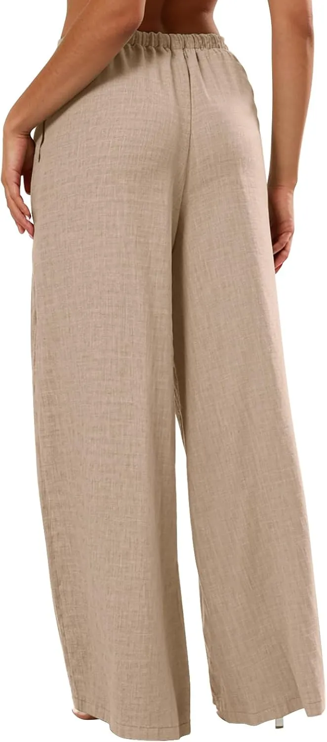 Wide Leg Linen Pants for Women Loose Drawstring High Waisted Palazzo Pants with Pockets Summer Causal Yoga Work Pants