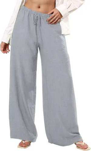 Wide Leg Linen Pants for Women Loose Drawstring High Waisted Palazzo Pants with Pockets Summer Causal Yoga Work Pants