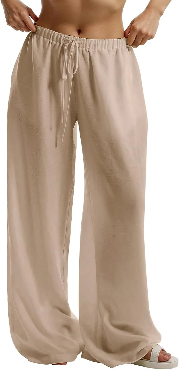 Wide Leg Linen Pants for Women Loose Drawstring High Waisted Palazzo Pants with Pockets Summer Causal Yoga Work Pants