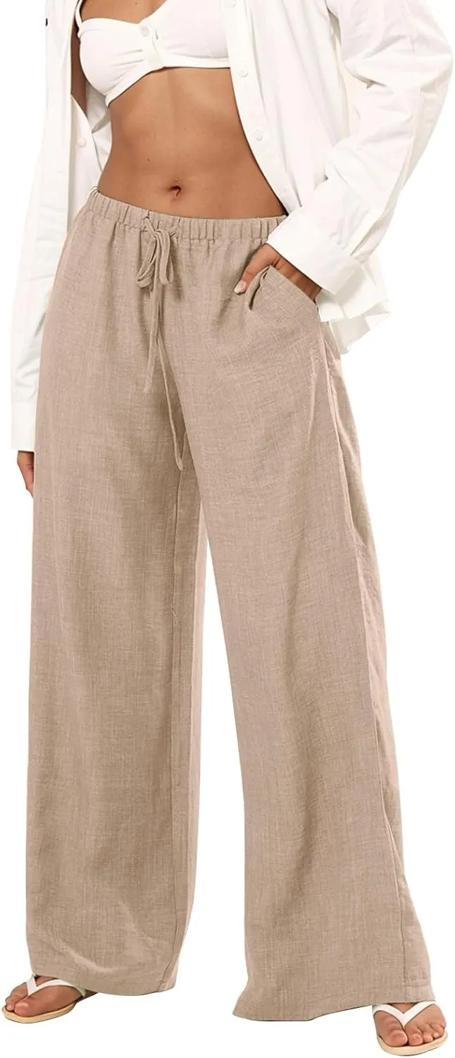 Wide Leg Linen Pants for Women Loose Drawstring High Waisted Palazzo Pants with Pockets Summer Causal Yoga Work Pants