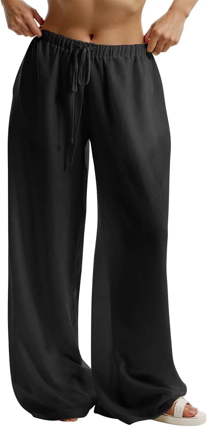 Wide Leg Pants Woman Summer Low Rise Drawstring Palazzo Pants Baggy Comfy Lightweight Boho Beach Trouser with Pockets